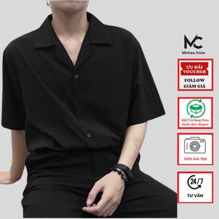 Áo sơ mi ngắn tay nam nữ cổ vest trơn trắng và đen - kiểu sơ mi tay ngắn form rộng cổ vest và cổ đức michee store