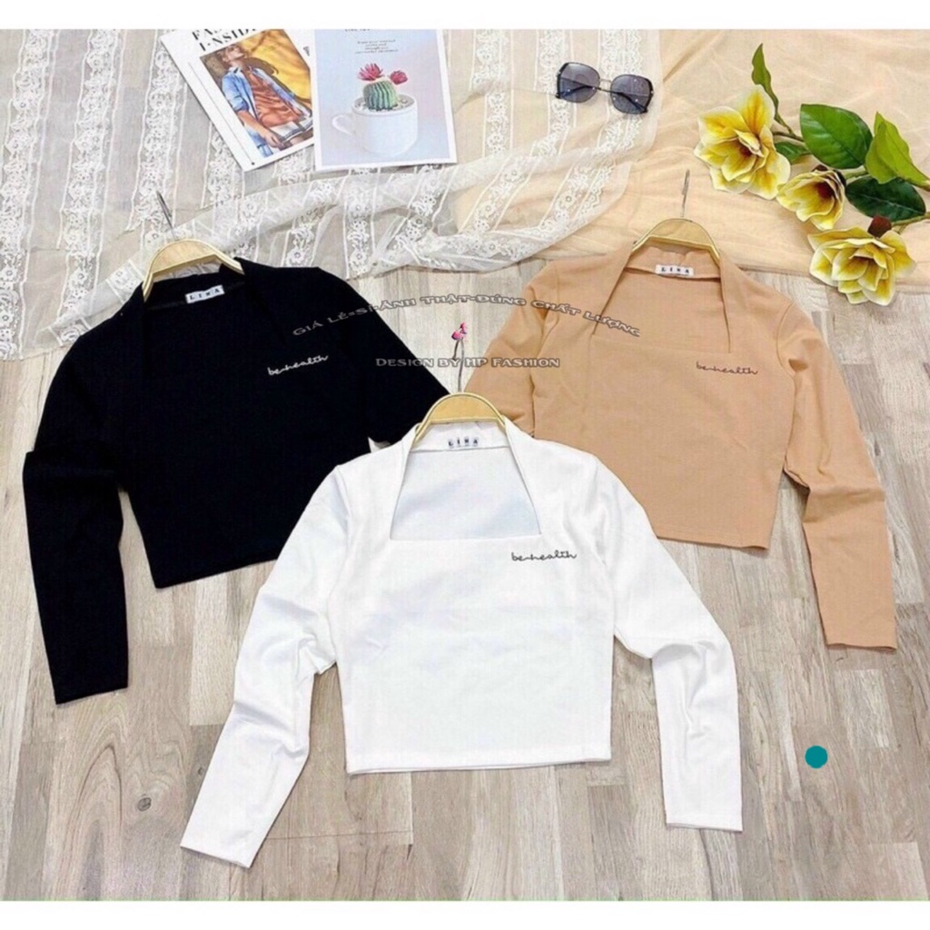 Áo thun nữ kiểu croptop nữ đẹp ôm body tay dài cổ vuông thêu phong cách hàn quốc mẫu mới thời trang A21