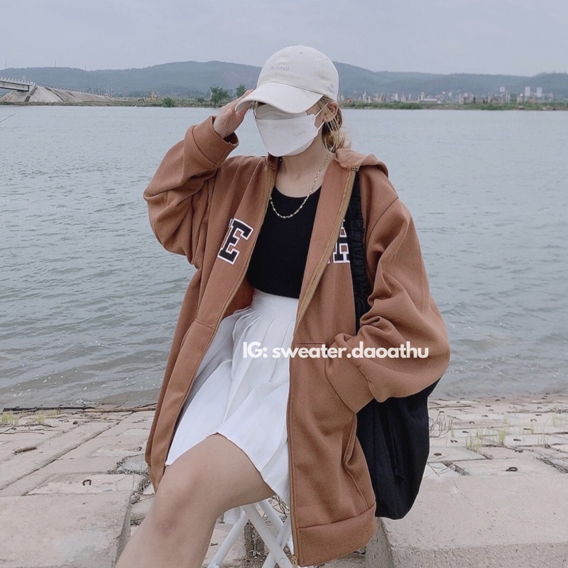 ÁO KHOÁC NỈ NÂU YE HA FORM RỘNG TAY BỒNG OVERSIZE