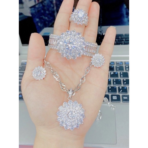 set bộ trang sức đính xoàn mạ bạch kim cao cấp 4 món mẫu mới cực đẹp cực sang