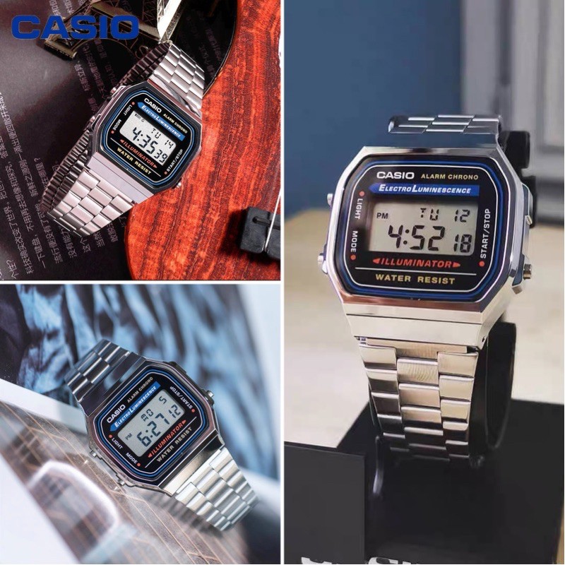 Đồng hồ  nam nữ Casio điện tử chính hãng mặt vuông chống nước 3ATM , dây kim loại - đồng hồ A168