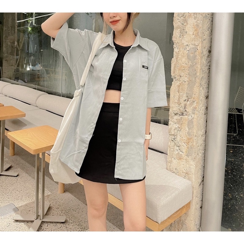 Áo sơmi tay lỡ unisex TAG JAY màu ĐEN/TRẮNG/HỒNG/XÁM XANH/MINT  Nam nữ unisex  Áo sơmi form rộng style Ulzzang