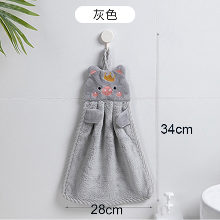 Khăn lau tay treo tường bằng vải lông cừu san hô mềm thấm hút nhanh khô thêu hình chú heo hoạt hình sáng tạo