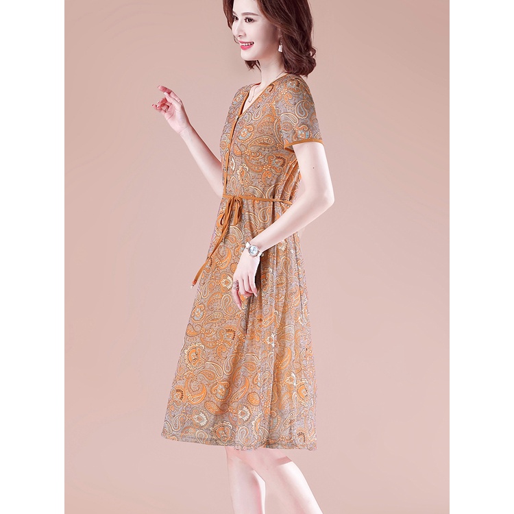 Đầm Lưới Tay Ngắn Cổ Chữ v In Họa Tiết Hoa Thời Trang Mùa Hè Dành Cho Nữ Trung Niên 40 Tuổi