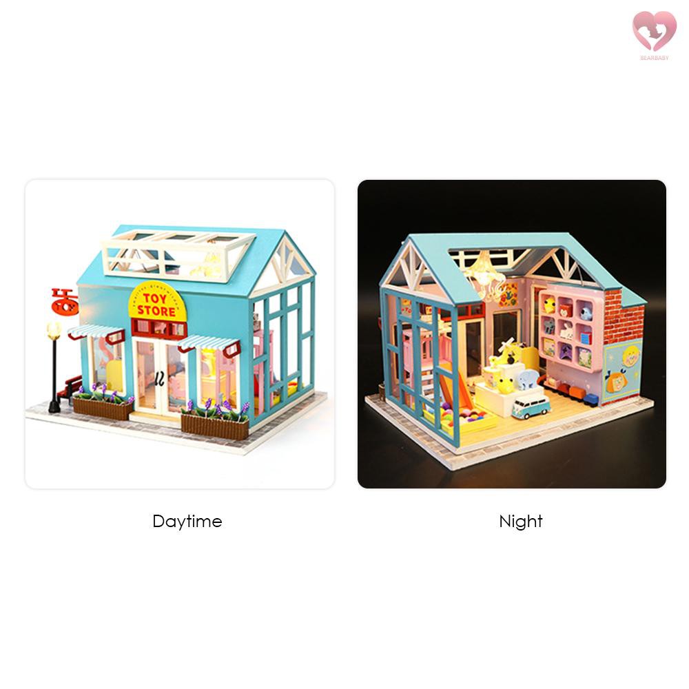 🎀Miniature Doll House DIY Wooden Dollhouse with Furniture & LED Light Children Toy Creative Gifts for 14+ Kids Adults Friends Family (Blue Toy Store)