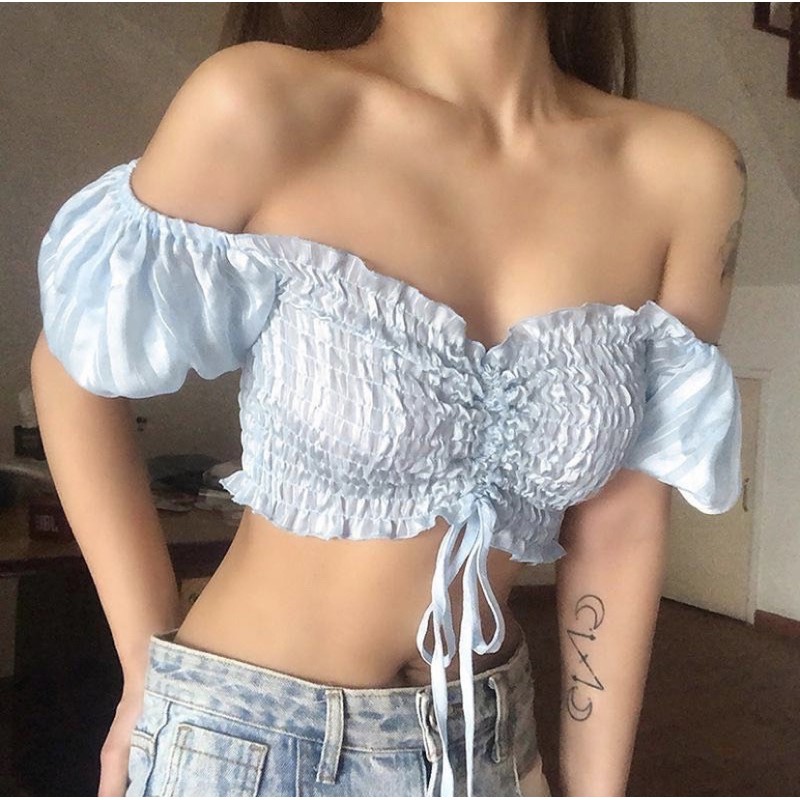 Áo Crop Xanh Nước Biển Tay Phồng Lưới, [ADORABLE], Croptop Nhúng Ngực Xanh Biển Ulzzang Hot Trend 2021 Ảnh Thật