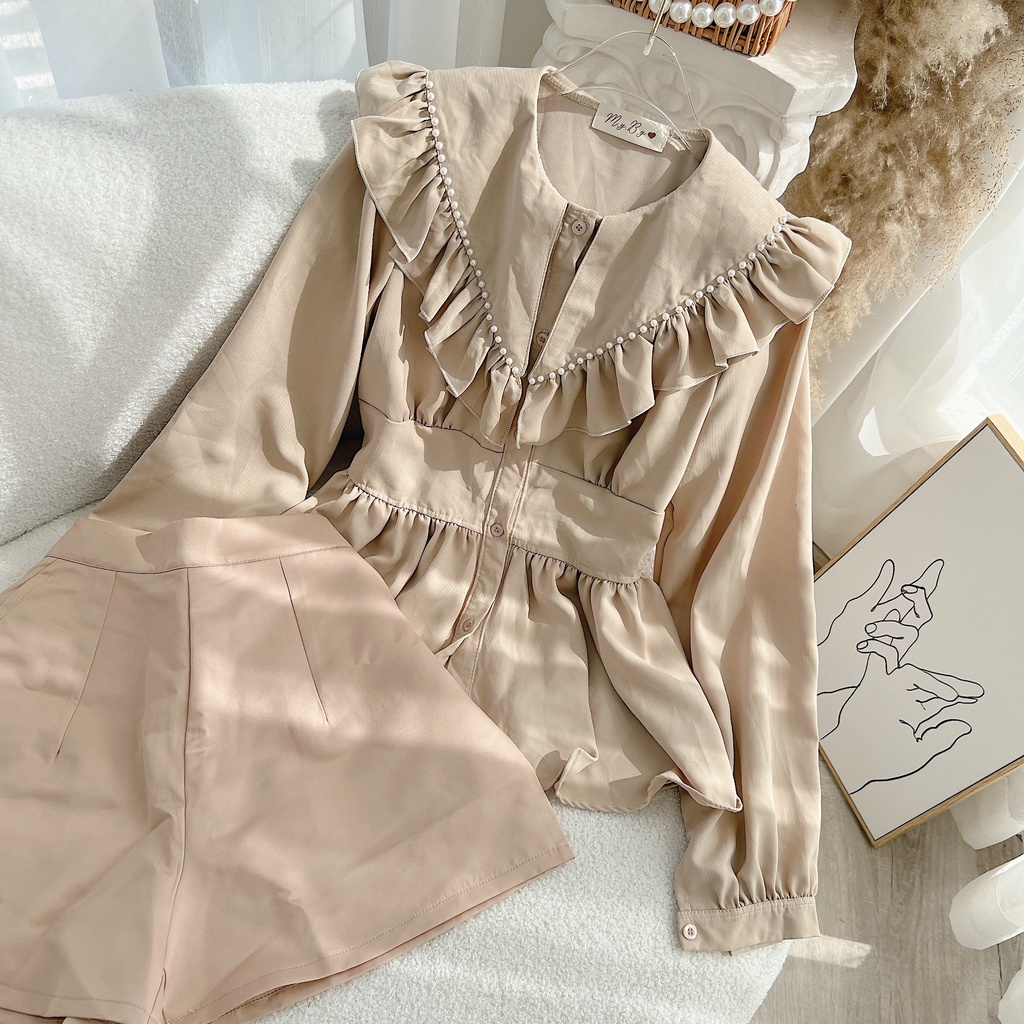 SET ÁO PEPLUM NUDE CỔ BÈO BO EO + SHORT