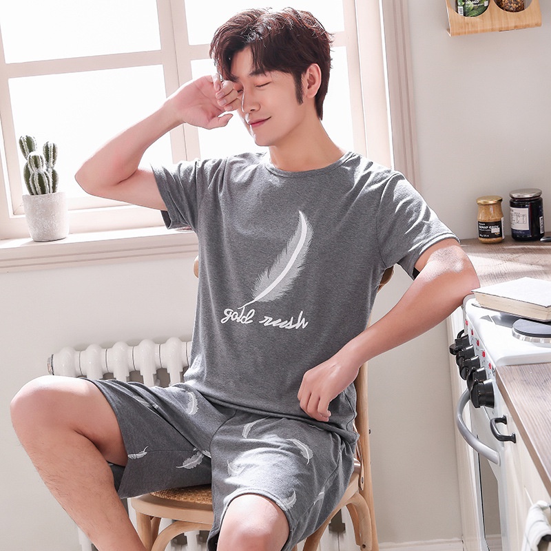 Bộ đồ ngủ gồm áo tay ngắn + quần short dáng rộng bằng cotton nguyên chất thời trang mùa hè cho nam