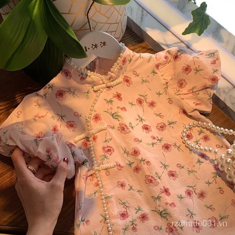 Đầm sườn xám phối vải voản mỏng đáng yêu phong cách Trung Hoa cổ điển thời trang mùa hè dành cho bé gái