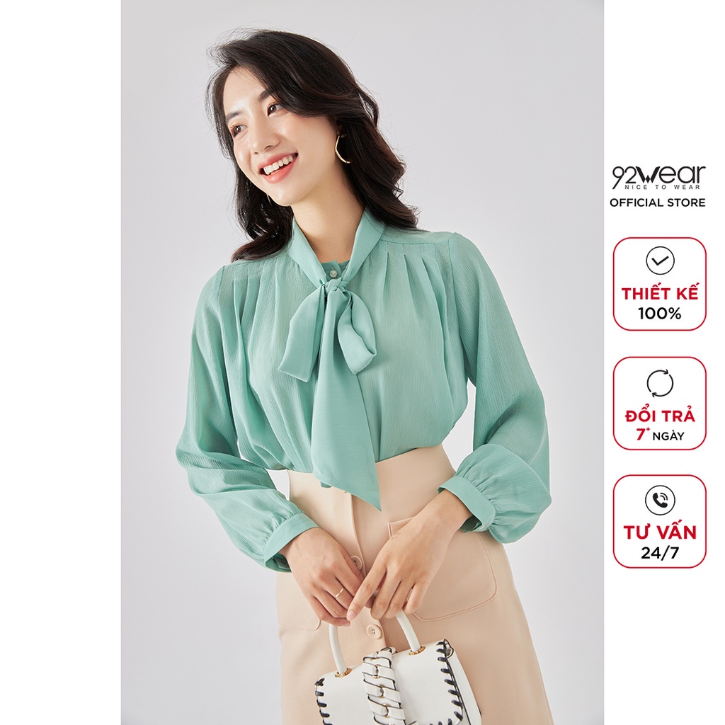 Áo sơ mi nữ dài tay nơ cổ 92WEAR,thiết kế công sở thanh lịch,vải voan cao cấp ASA1212 - Hàng mới về