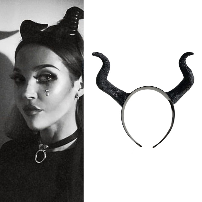 YOI Halloween Witch Black Long Ox Horn Headband Evil Queen Cosplay Glitter Hair Hoop