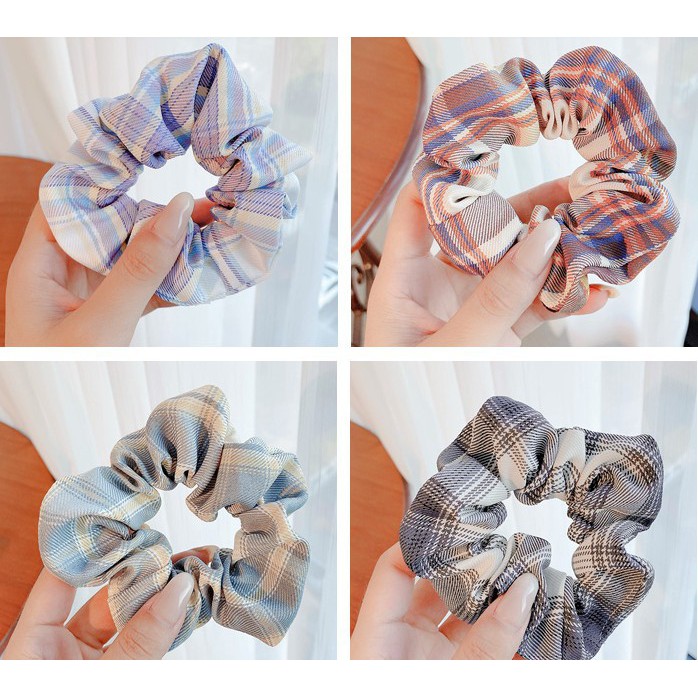 Cột Tóc Vải Scrunchies Họa Tiết Caro Vintage Hàn Quốc, Dây Buộc Tóc Scrunchies Tại Hà Nội