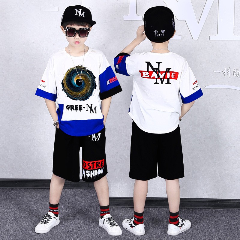 Set cotton bé trai phong cách hiphop áo màu trắng tay mix xanh BOT0005B