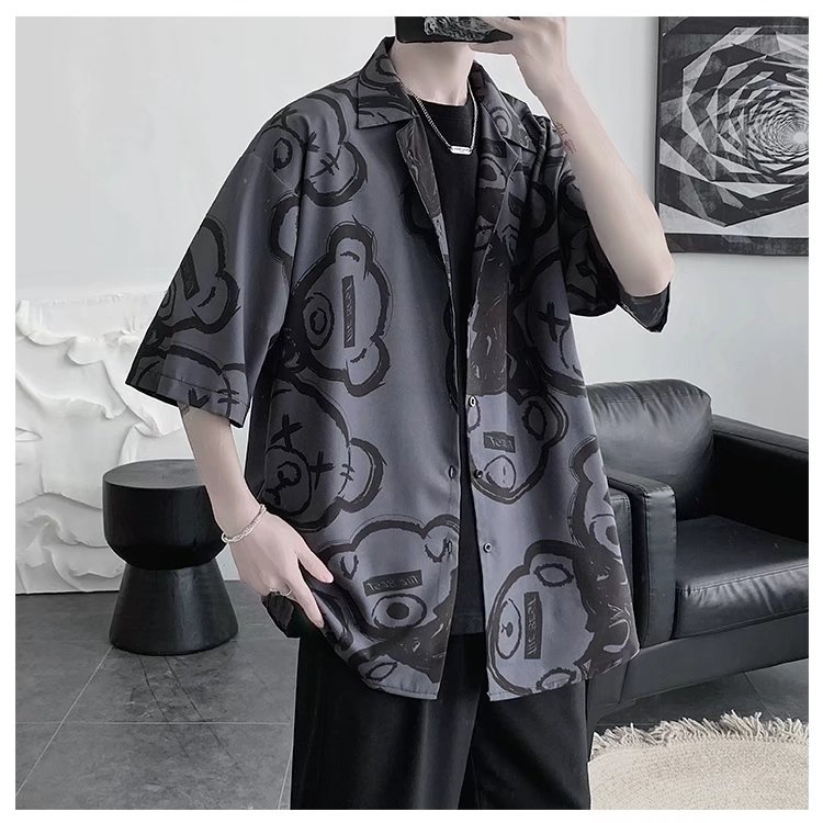 Short Sleeve Shirt With Cartoon Bear Pattern Korean Style Summer Men's Fashion 2022