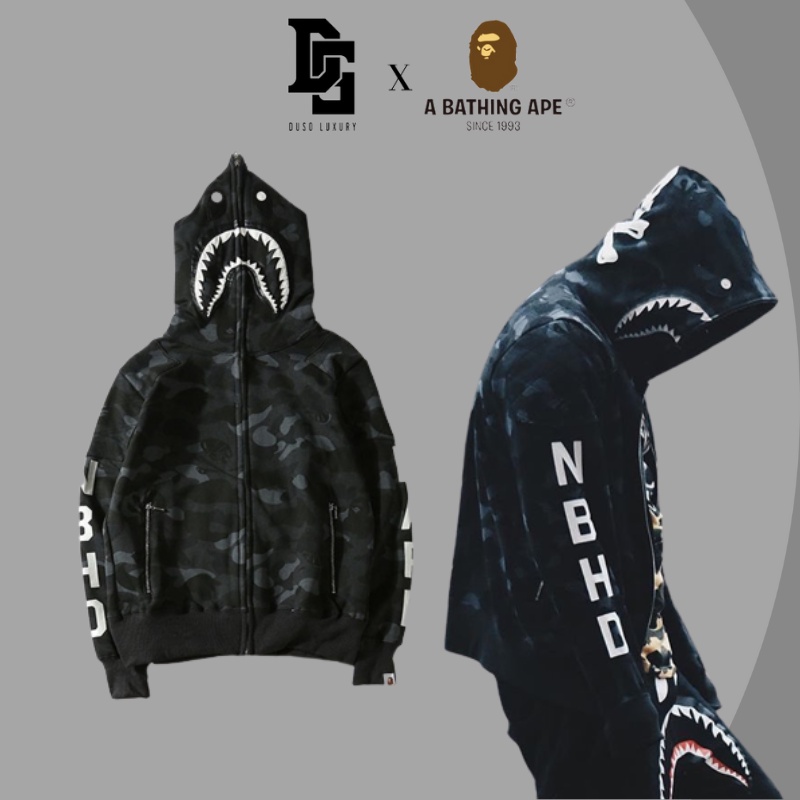 Áo Hoodie Jacket Bape Shark Camo Black, Bape Hoodiefullzip x NBHD, Họa tiết thêu, chất liệu Cotton DuSo