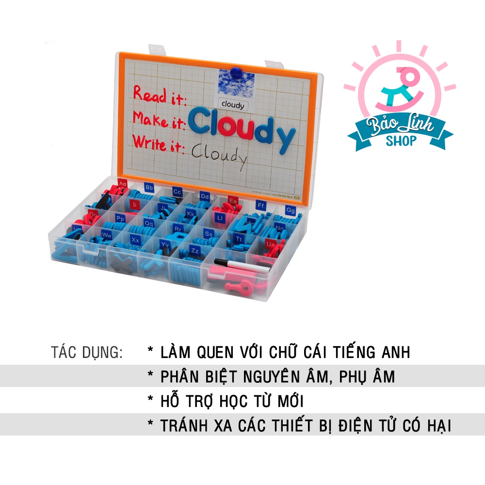 Bộ 208 chữ cái Tiếng Anh có nam châm CHUẨN Montessori - Phân biệt nguyên âm, phụ âm TẶNG thêm bảng từ, kèm khay đựng