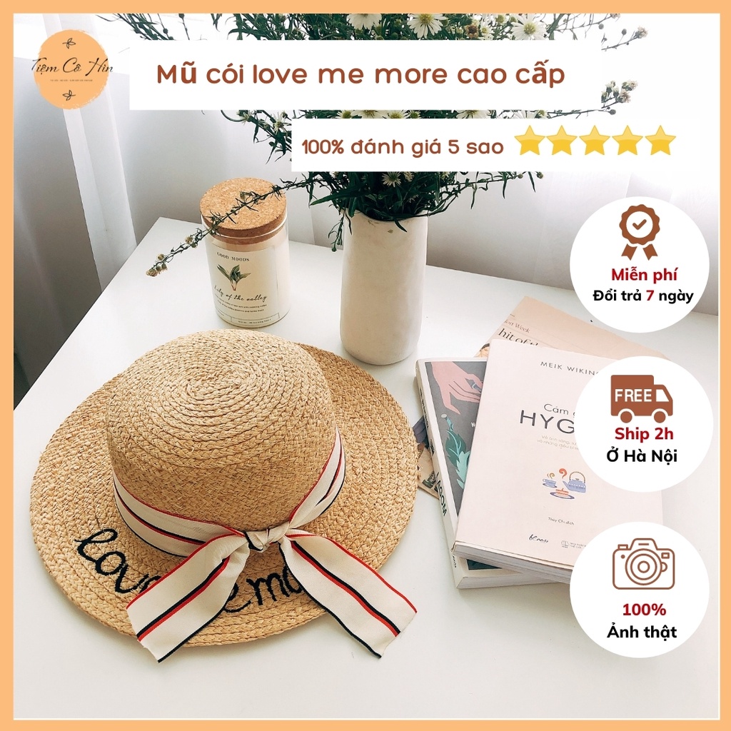 Mũ cói đi biển tiểu thư Love Me More vành 7cm ship ngay trong 1h đóng hộp không bị hỏng mũ