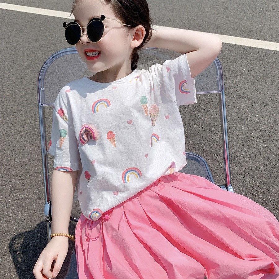 Set Áo Thun Cotton Tay Ngắn + Quần Hồng❤M0022❤Thời Trang Mùa Hè Hàn Quốc Cho Bé Gái