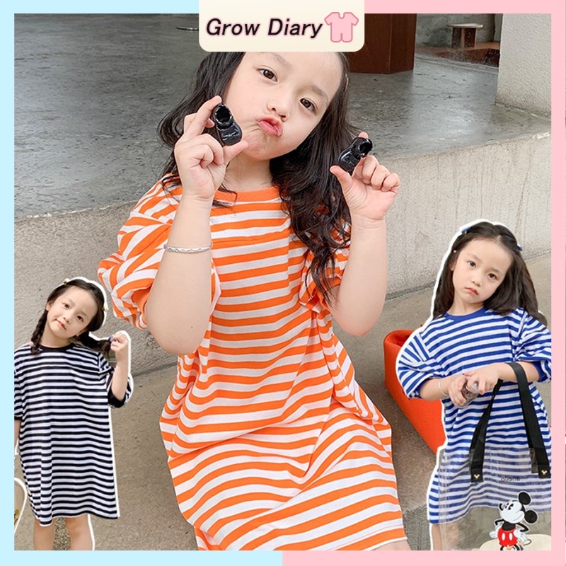 Váy cho bé gái Áo Thun Tay Ngắn Cổ Tròn Họa Tiết Sọc Ngang Dành Cho Bé Gái 1-6 Tuổi