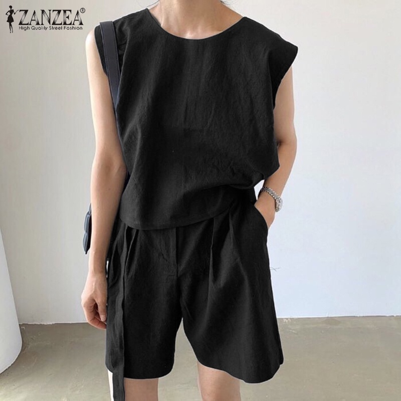 Set áo sát nách Zanzea cổ tròn + quần short lưng thun thời trang Hàn Quốc cho nữ