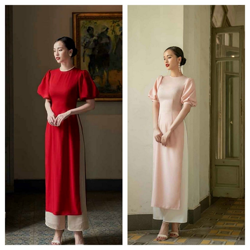 Áo Dài Lụa Ngọc Trai Tay Bồng-Áo Dài Cà Ri