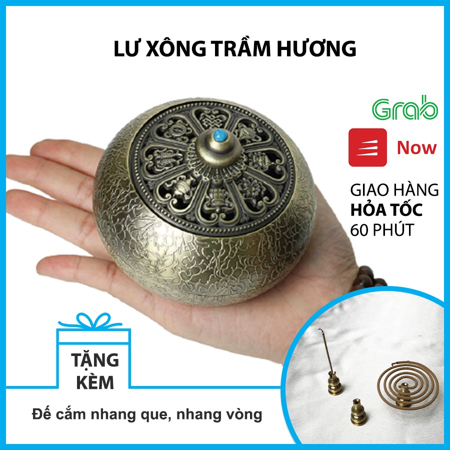 Lư xông trầm hương - Lư hương đốt trầm khắc hình Bát bảo cát tường - Tặng kèm đế cắm nhang - Hiên Nhà