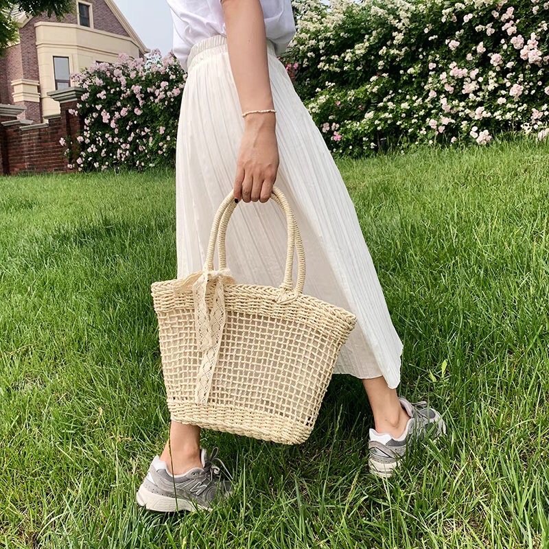 Túi Cói Đan Ô Nơ Ren Vintage Đi Biển