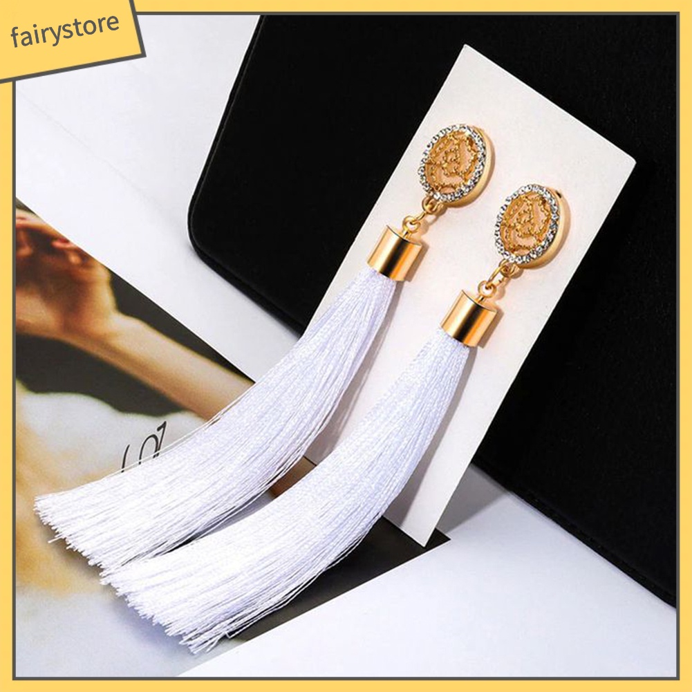 Khuyên Tai Dáng Dài Hình Hoa Hồng Phối Tua Rua Phong Cách Dân Tộc