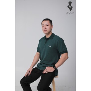 Áo polo nam cộc tay tay ngắn màu xanh rêu có cổ in logo hình Mr Right thời trang công sở nam phong cách trẻ trung