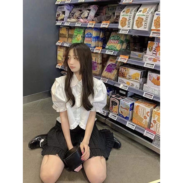Áo Sơ Mi Trắng Ngắn Cổ Búp Bê Phối Bèo Phong Cách Pháp Ngọt Ngào Thời Trang Mùa Hè Cho Nữ