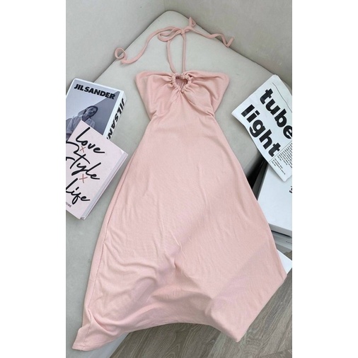 Set đầm hồng kèm khoác vải gân cực dày