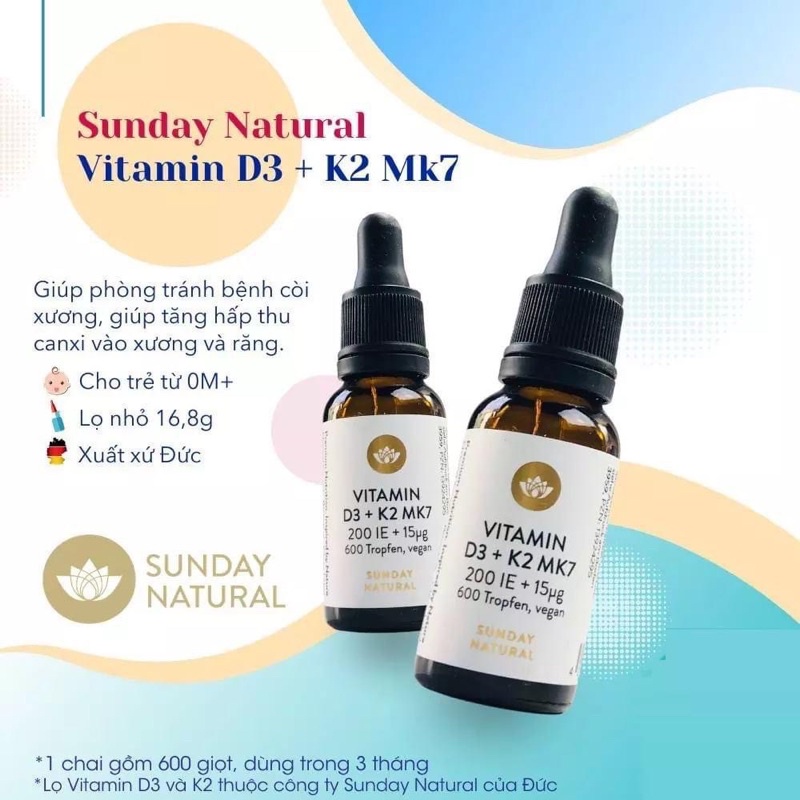 [CHÍNH HÃNG - Date 2023] ♥ Vitamin K2 D3 Mk7 Sunday Natural 20ml - Đức