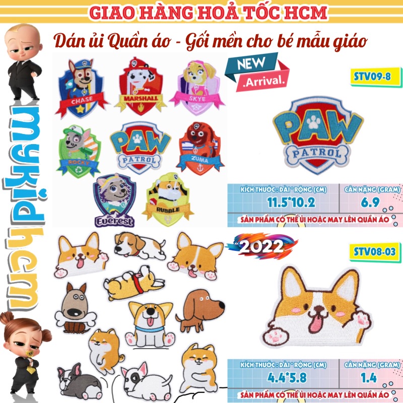 50 MẪU miếng DÁN ỦI quần áo bé TRAI mẫu giáo STICKER THÊU CAO CẤP CÓ SẴN KEO ỦI hình chó cún cưng PAW PATROL MARSHALL
