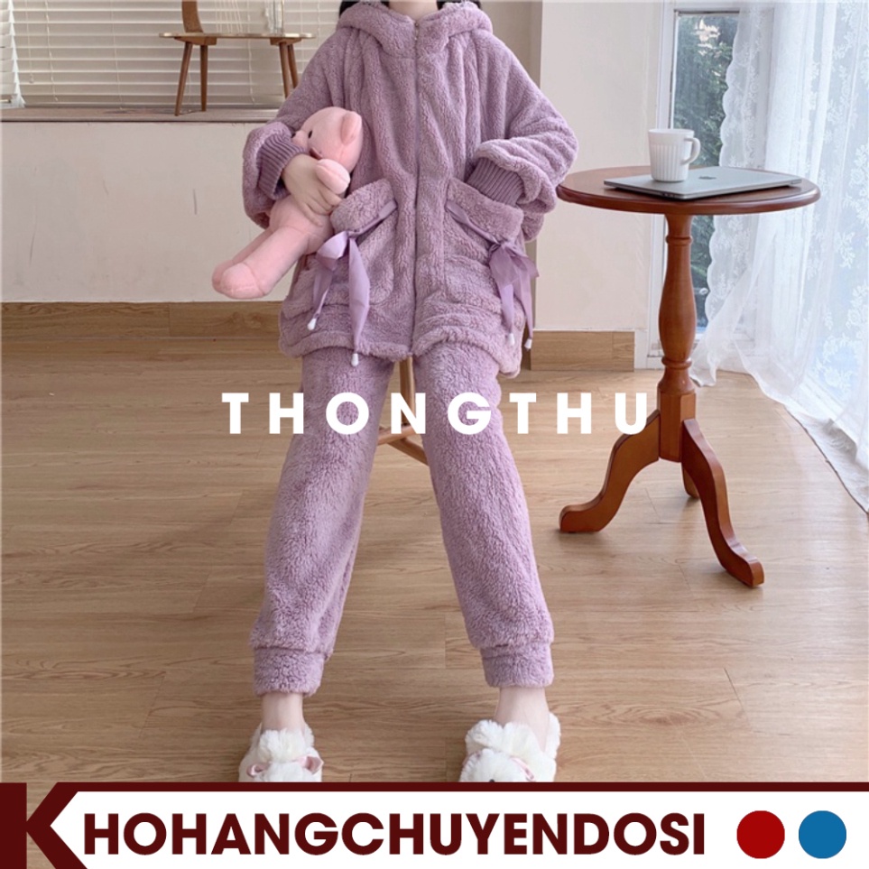 Bộ ngủ lông cừu giữ nhiệt mùa đông túi thắt nơ dễ thương,BNL02,set đồ mặc nhà nhung bông mềm mịn 2 màu hồng tím - THONGT | BigBuy360 - bigbuy360.vn