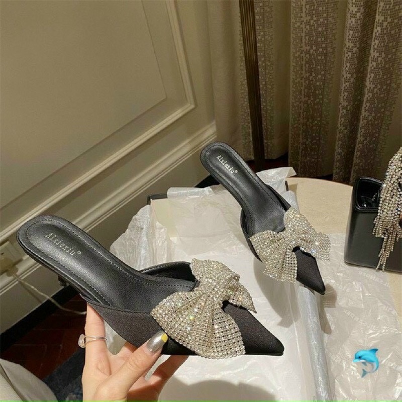 Sục gót nhọn 3cm nơ đá cao cấp