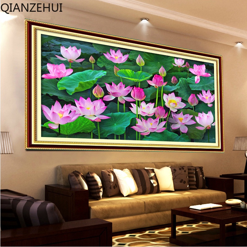 Bộ Tranh Thêu Chữ Thập DIY 11CT Hình Ao Sen Chín Cá Và Hoa Sen Chất Liệu Cotton