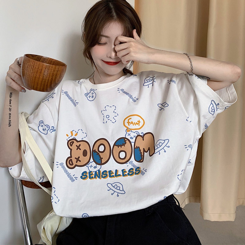 Áo Thun Ngắn Tay Dáng Rộng In Hình Gấu Kiểu Hàn Quốc Thời Trang Mùa Hè Cho Nữ