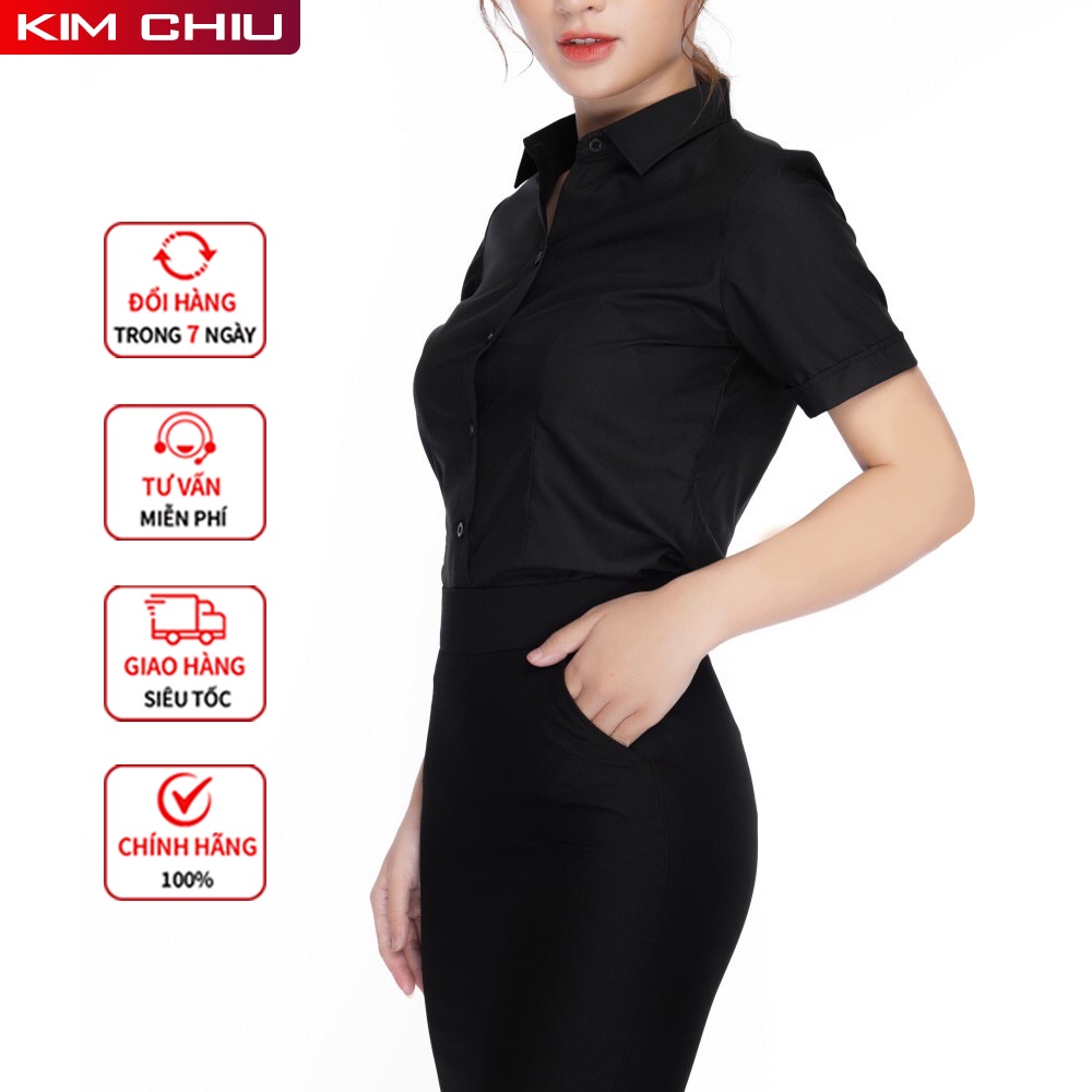 Áo Sơ Mi Nữ Công Sở Cao Cấp Kim Chiu, Màu Đen Tay Ngắn Vải Kate ý Đẹp Ít Nhăn Giãn Nhẹ, ĐỔI TRẢ THOẢI MÁI. SMTN01