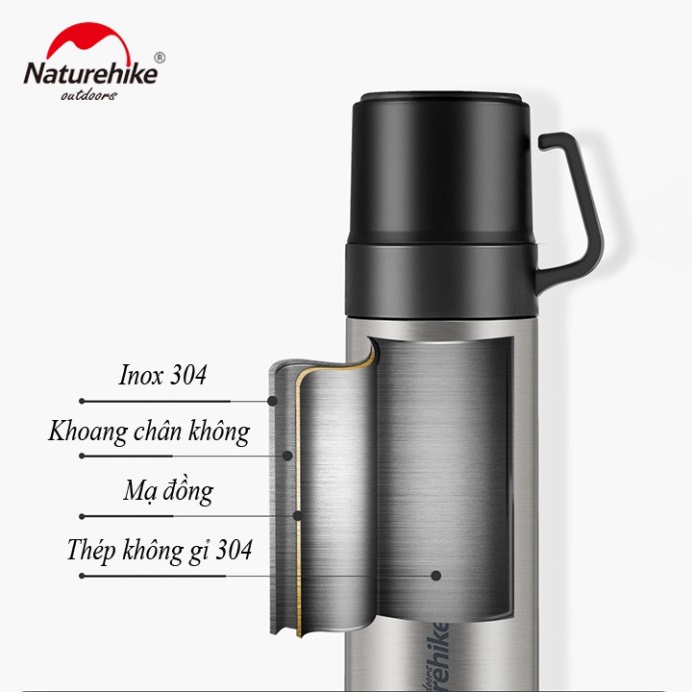 Bình giữ nhiệt Naturehike 600ml cao cấp chính hãng, bình nước 4 lớp, giữ nhiệt thời gian dài có 2 cốc uống nước tiện lợi