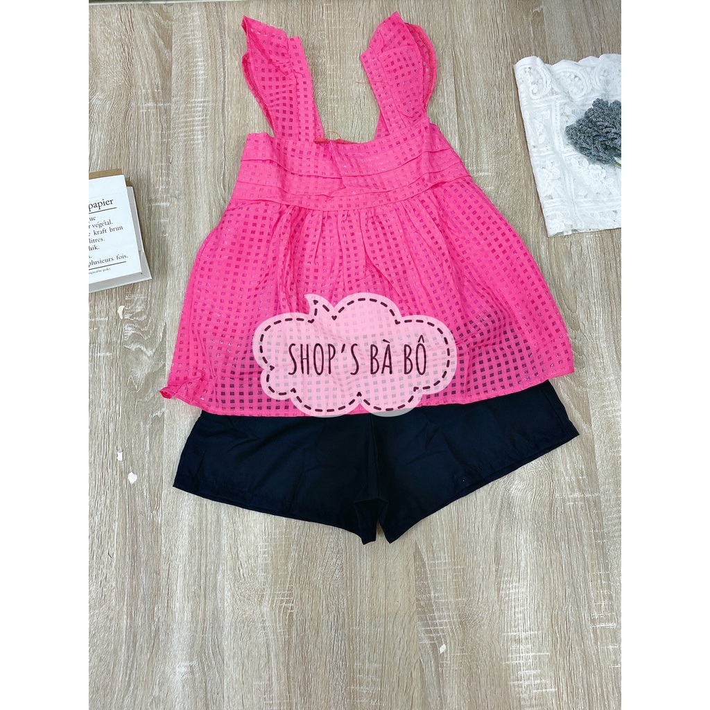 Set voan lưới lỗ cho nữ mặc đi chơi, áo tay cánh tiên, may tầng ở ngực áo, quần short có túi siêu xinh