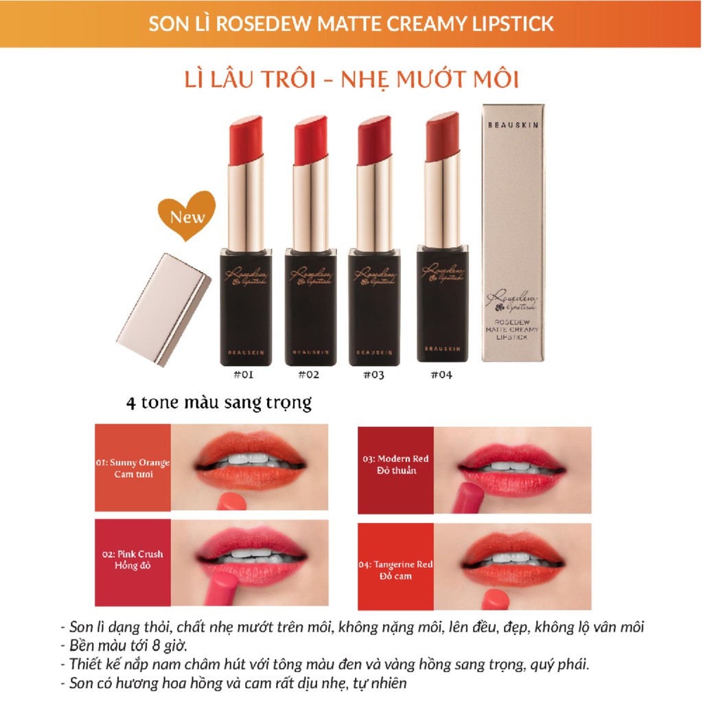 Son lì Màu đỏ cam Beauskin Rosedew Matte Creamy Lipstick 04 3.5g