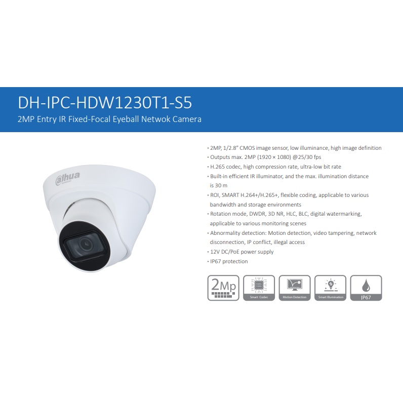 Camera Ip PoE 2.0Mp trong nhà Dahua IPC-HDW1230T1-S5 chuẩn nén H.265+, tầm xa hồng ngoại 30m - HÀNG CHÍNH HÃNG