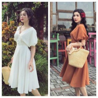 Đầm cổ V viền nút tay phồng