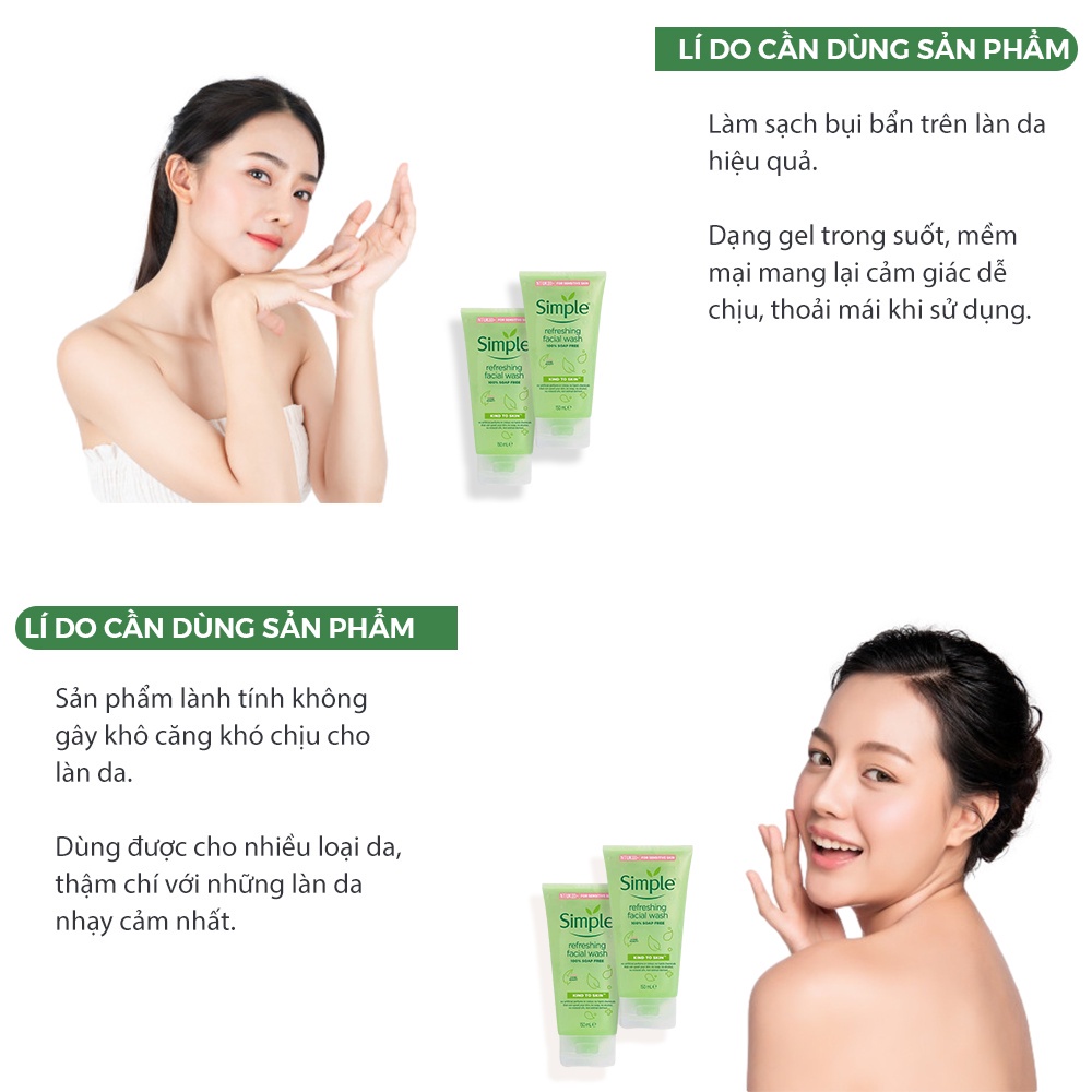 Sữa rửa mặt Simple giảm mụn cho da mụn dịu nhẹ tạo bọt 150ml - RM02