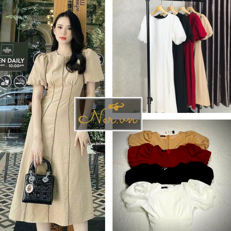 Đầm cổ tròn, tay phồng, thân phối gân sành điệu cao cấp.Dáng dài, Chất LINEN mát thấm hút mồ hôi, NER-N92