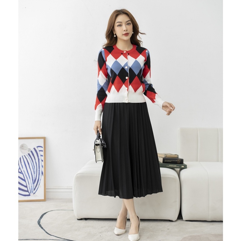 Áo khoác len nữ FIONA cổ tròn, Áo cardigan họa tiết hình thoi phối màu, dài tay mã F852751