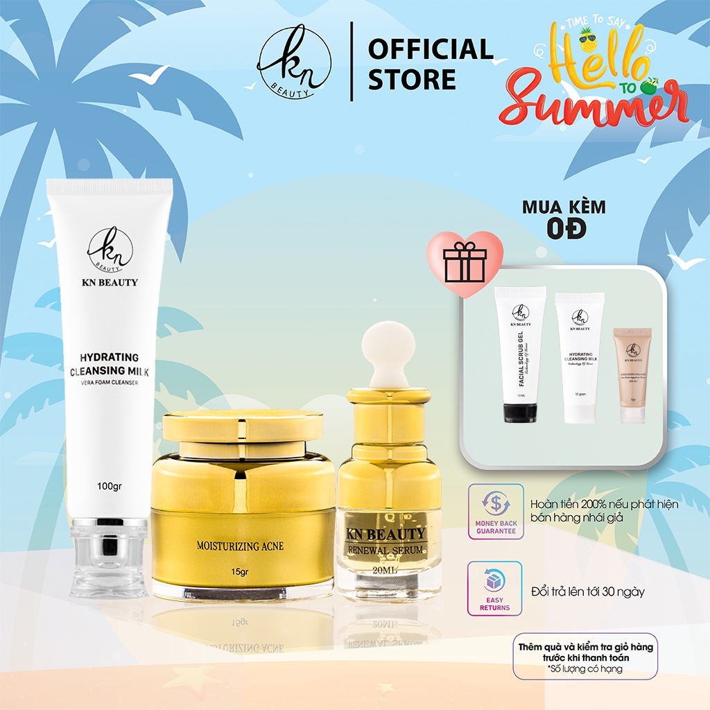 3 sản phẩm Trắng Da Ngừa mụn KN Beauty chuyên sâu: Kem dưỡng + Serum + Sữa rửa mặt 100g tặng set mini