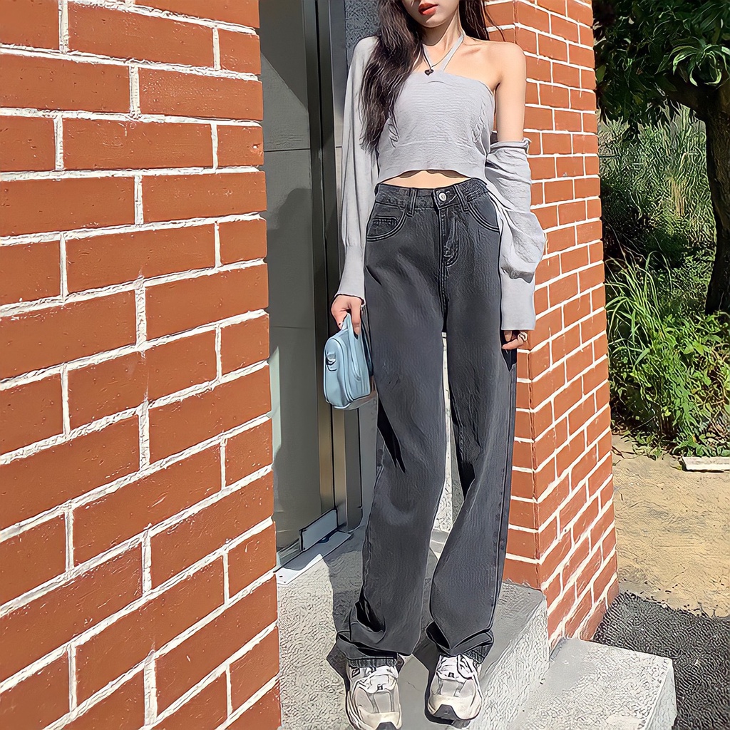 Quần jean nữ ống rộng suông jeans cạp cao Emilyshop phong cách ulzzang