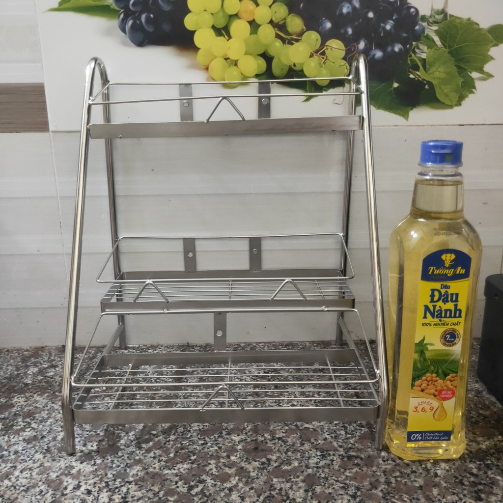 kệ gia vị Inox Cầu Thang 3 tầng ống có thể treo tường hoặc để bàn