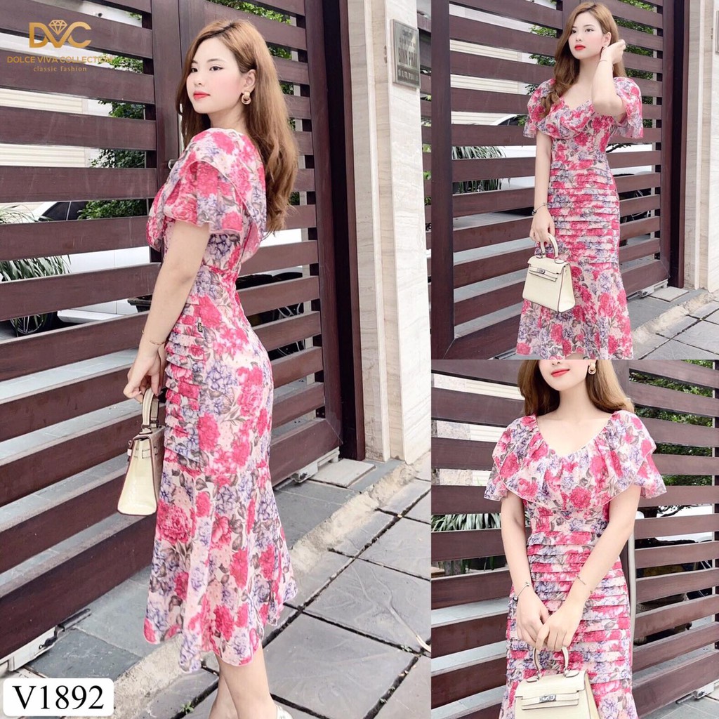 VÁY HOA ĐUÔI CÁ XẾP LY THÂN SANG CHẢNH V1892 CHẤT VẢI VOAN HÀN CAO CẤP MỎNG NHẸ SANG TRỌNG